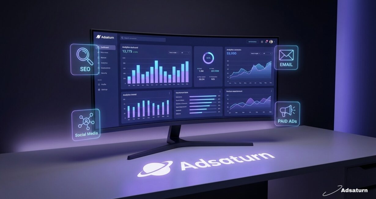 Dijital pazarlama nedir - analitik dashboard ve dijital kanallar görseli